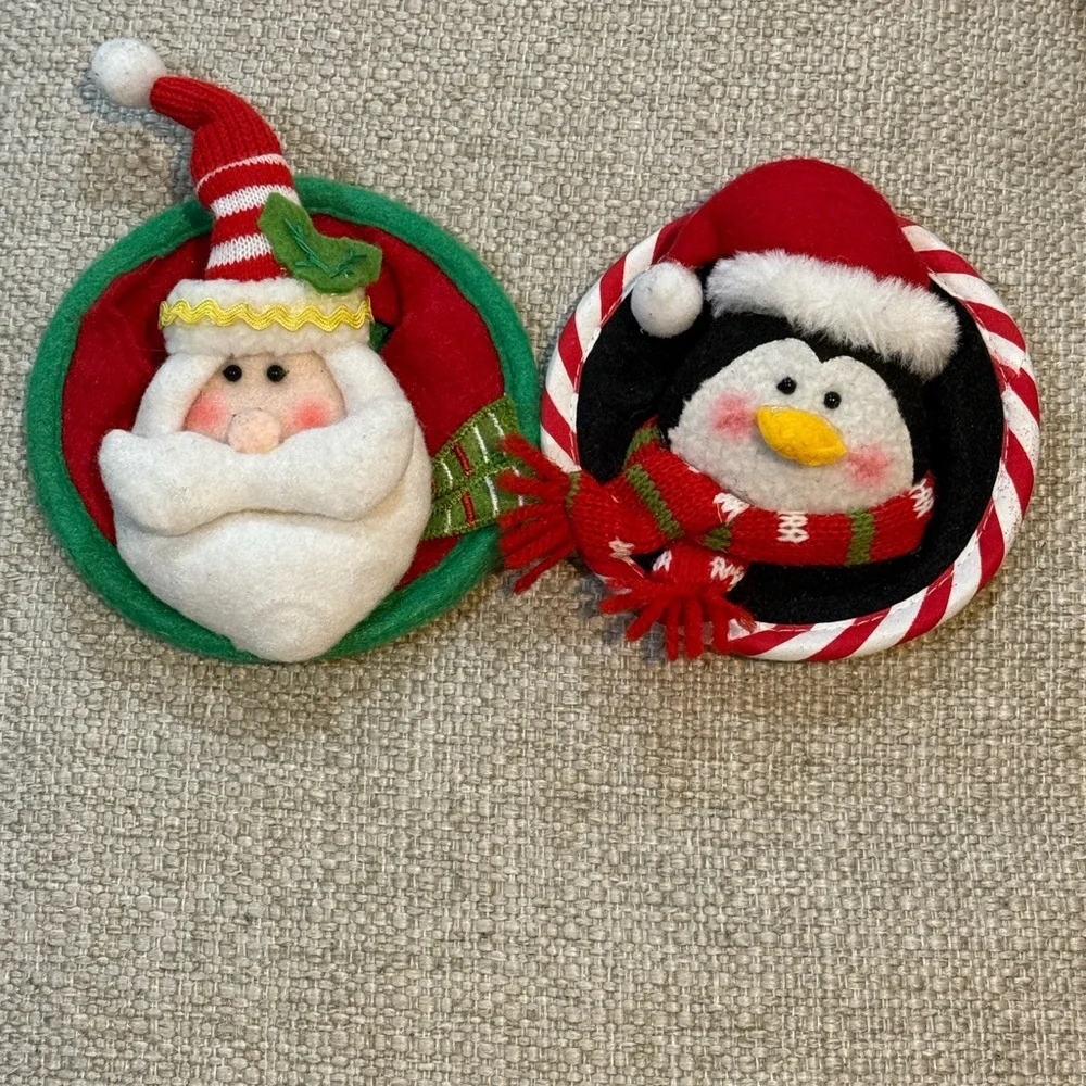 Vintage Pier 1 Cloth Santa Penguin Wine Glass Base Coasters 2pc Set